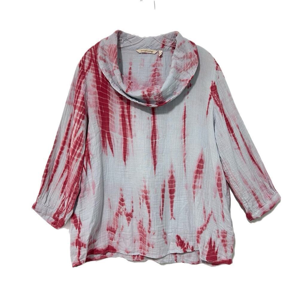 Soft Surroundings Sierra Gauze Pullover Top Large Tie Dye Cowl Neck 3/4 Sleeve